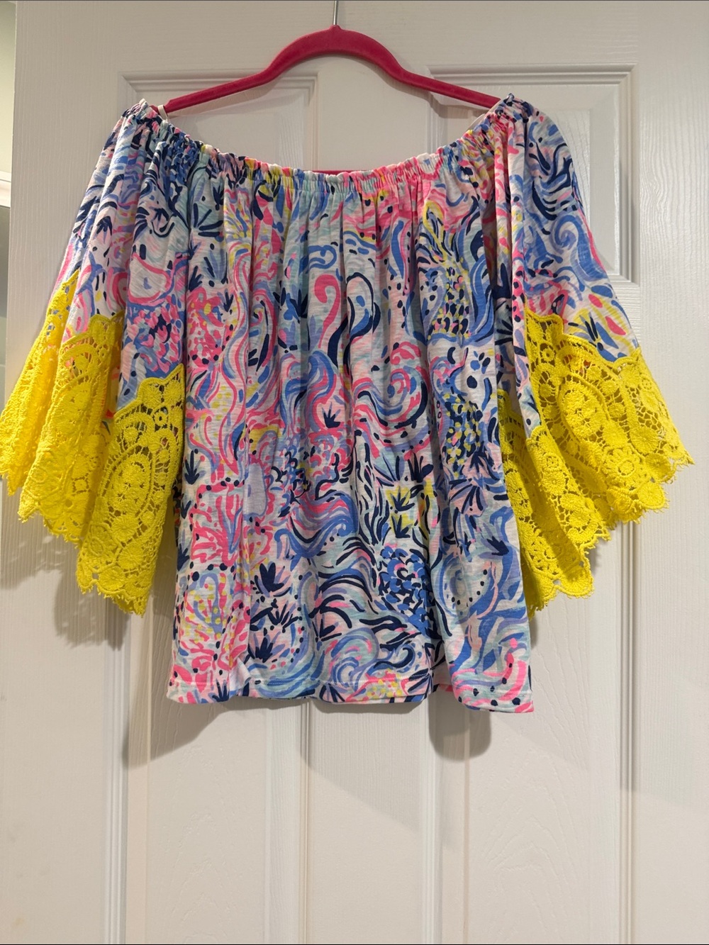 Lilly Pulitzer Multicolor Floral Off-Shoulder Top with Yellow Lace Sleeves